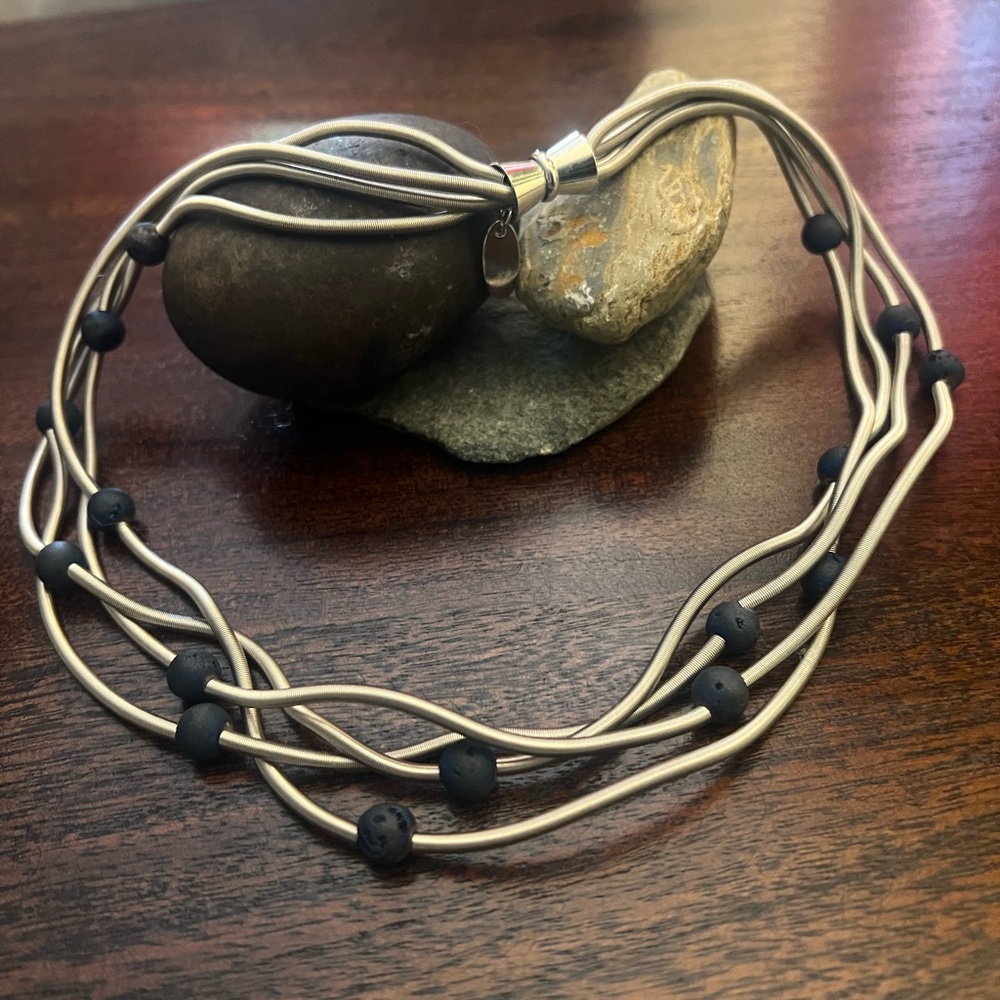 Multi Strand 20 inch Necklace in Silver with Iridescent Blue Beads by Sea Lily